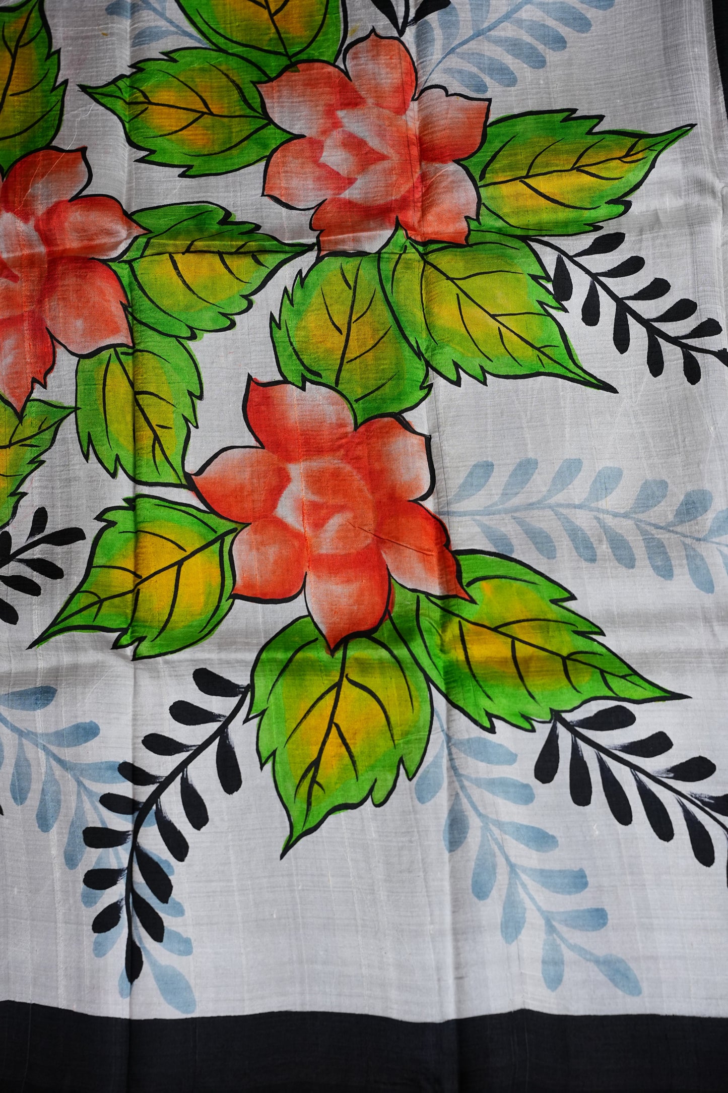 Purely Handpainted Floral On Pure Tussar Silk Saree-White & Black|Silk Mark Certified