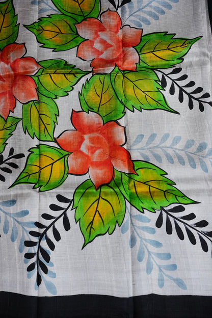 Purely Handpainted Floral On Pure Tussar Silk Saree-White & Black|Silk Mark Certified