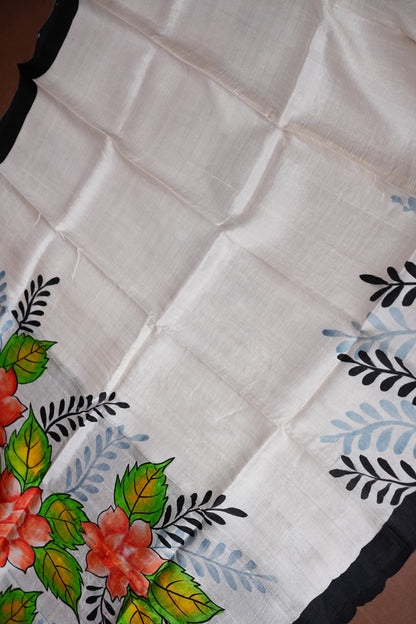 Purely Handpainted Floral On Pure Tussar Silk Saree-White & Black|Silk Mark Certified