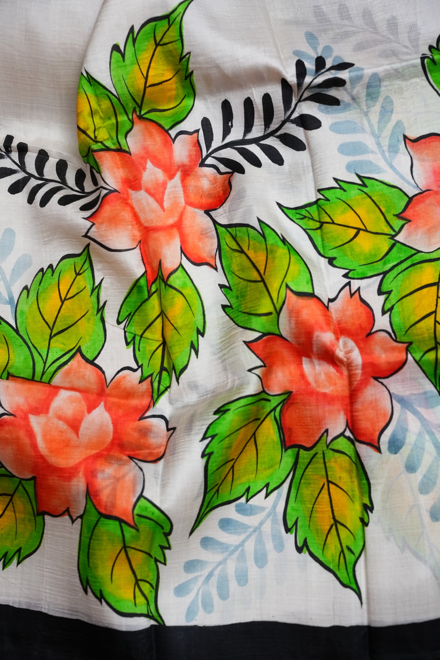 Purely Handpainted Floral On Pure Tussar Silk Saree-White & Black|Silk Mark Certified