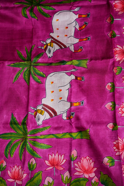 Purely Handpainted Pichwai On Pure Tussar Silk Saree-White & Pink|Silk Mark Certified