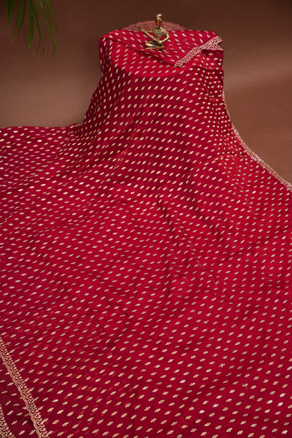 Ruby Red Party Wear Saree with Gold Butta & Embellished Border