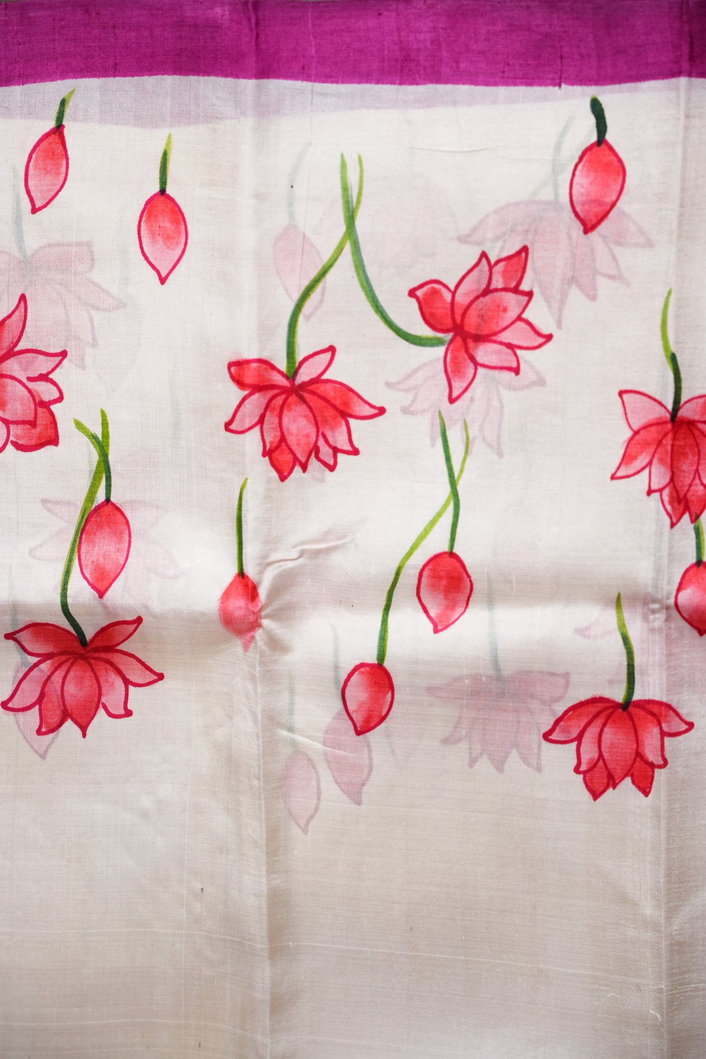 Purely Handpainted Pichwai On Pure Tussar Silk Saree-White & Pink|Silk Mark Certified