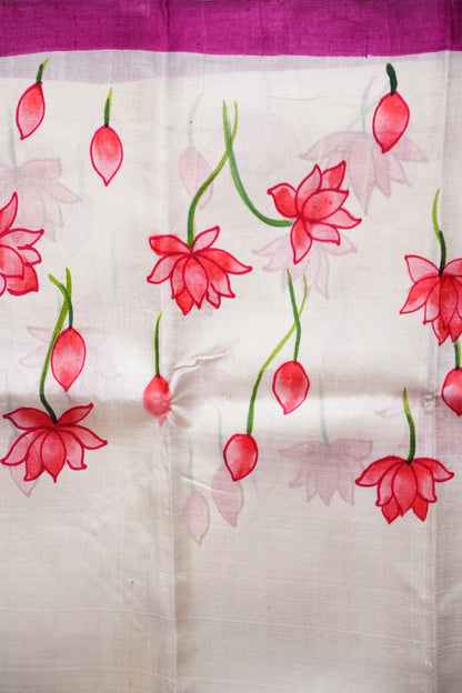 Purely Handpainted Pichwai On Pure Tussar Silk Saree-White & Pink|Silk Mark Certified