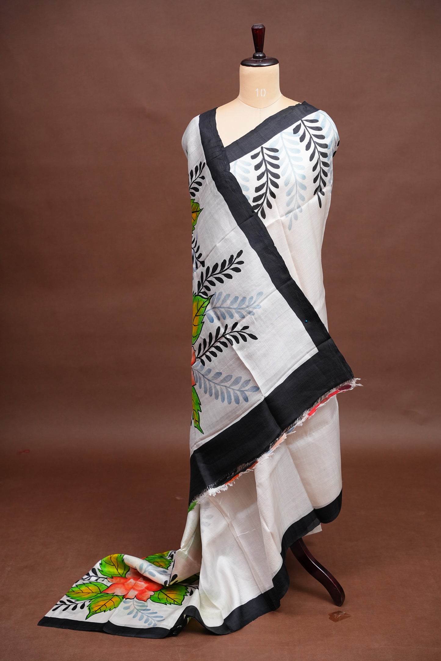Purely Handpainted Floral On Pure Tussar Silk Saree-White & Black|Silk Mark Certified