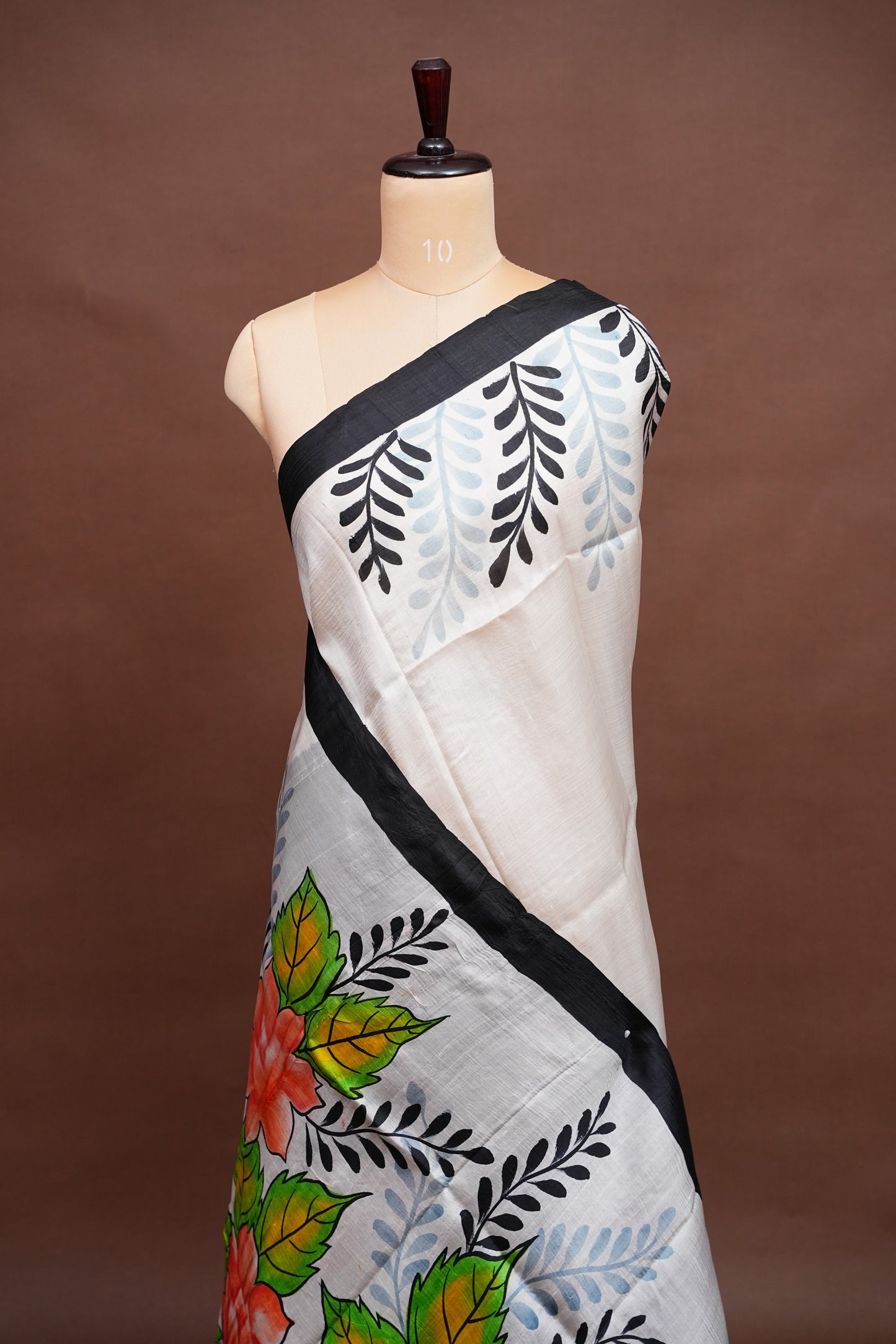 Purely Handpainted Floral On Pure Tussar Silk Saree-White & Black|Silk Mark Certified