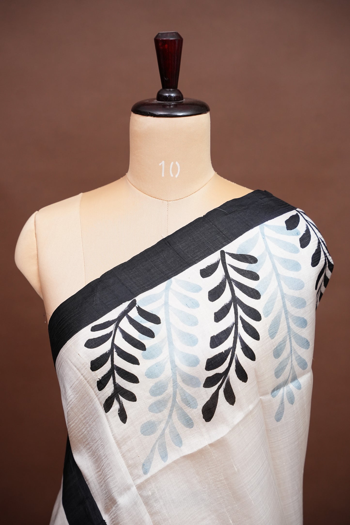 Purely Handpainted Floral On Pure Tussar Silk Saree-White & Black|Silk Mark Certified