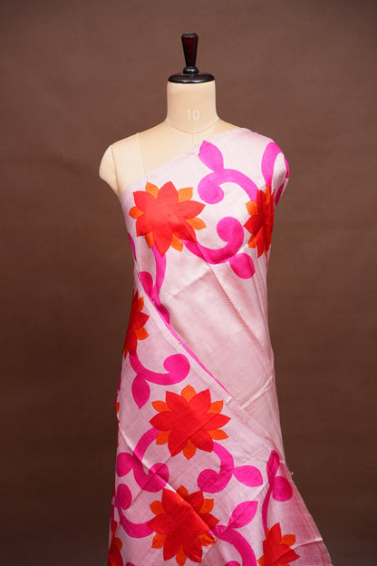 Purely Handpainted Floral On Pure Tussar Silk Saree-Baby Pink & Dark Pink|Silk Mark Certified