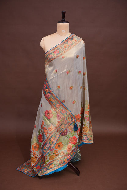 Kashmiri Pashmina Mellow Tissue Saree - Cool Blue