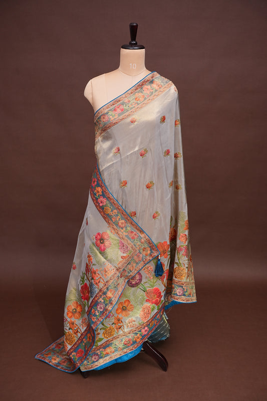 Kashmiri Pashmina Mellow Tissue Saree - Cool Blue
