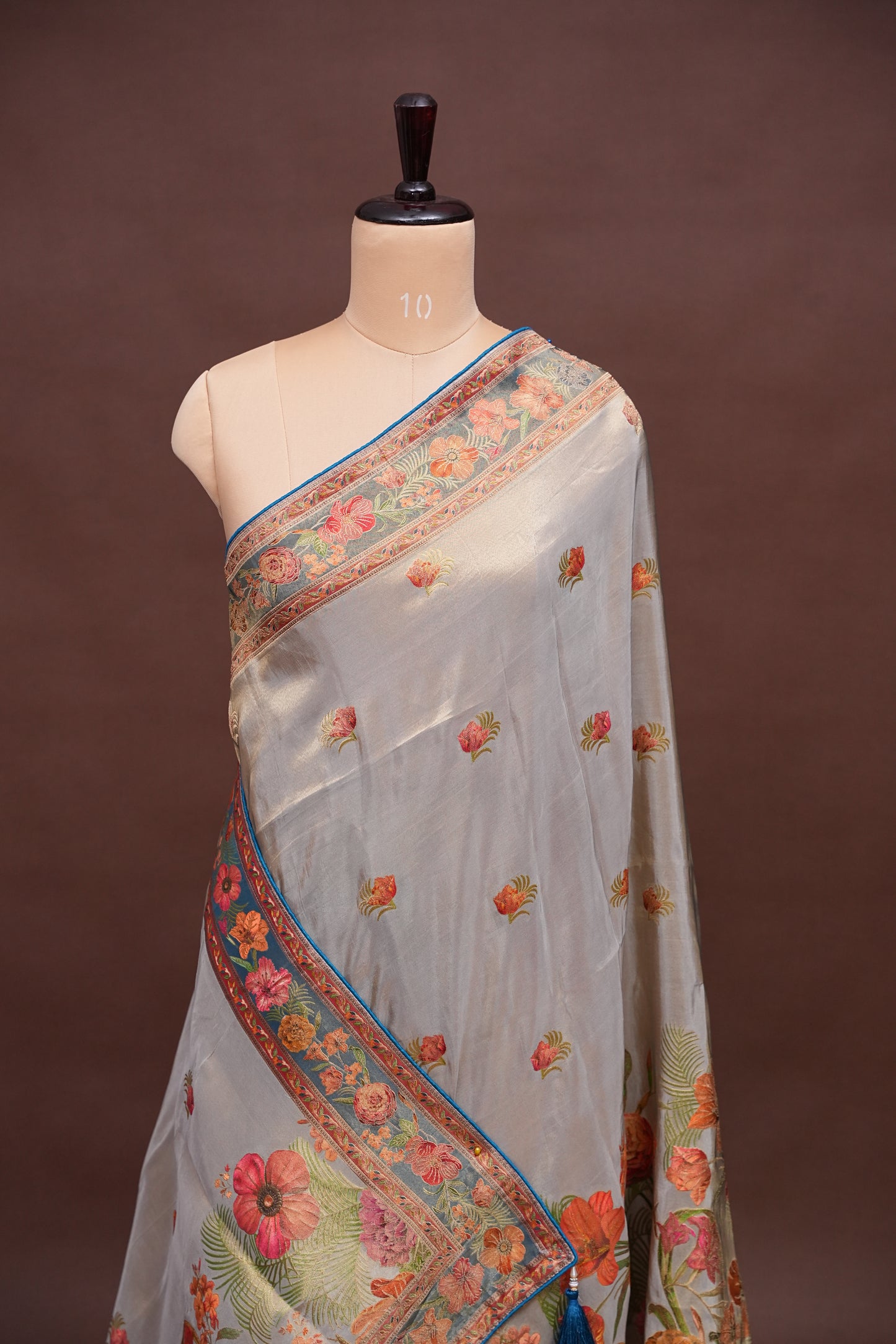Kashmiri Pashmina Mellow Tissue Saree - Cool Blue