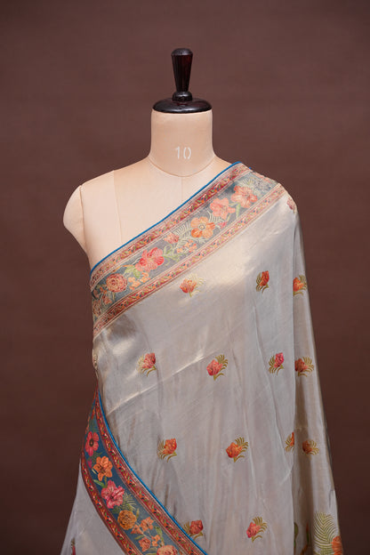 Kashmiri Pashmina Mellow Tissue Saree - Cool Blue