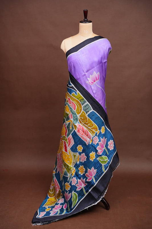 Purely Handpainted Batik Floral On Pure Tussar Silk Saree-Lavender|Silk Mark Certified