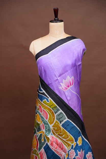 Purely Handpainted Batik Floral On Pure Tussar Silk Saree-Lavender|Silk Mark Certified