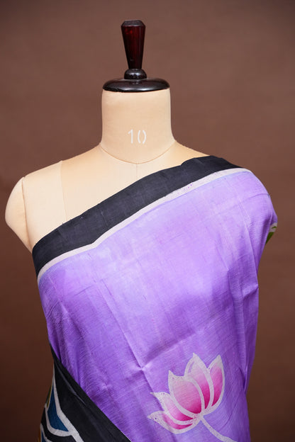 Purely Handpainted Batik Floral On Pure Tussar Silk Saree-Lavender|Silk Mark Certified