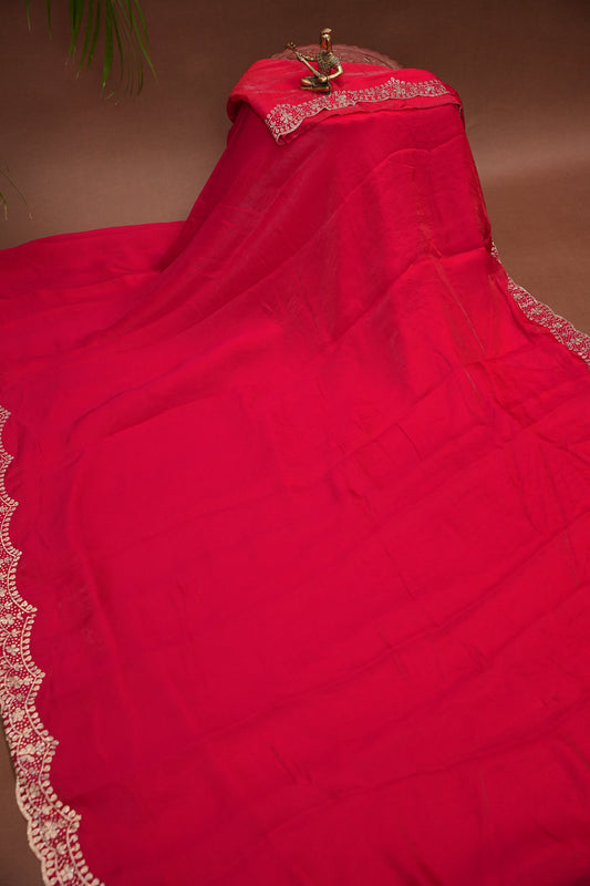 Rani Pink Party Wear Saree with Hand Embellished Scalloped Border