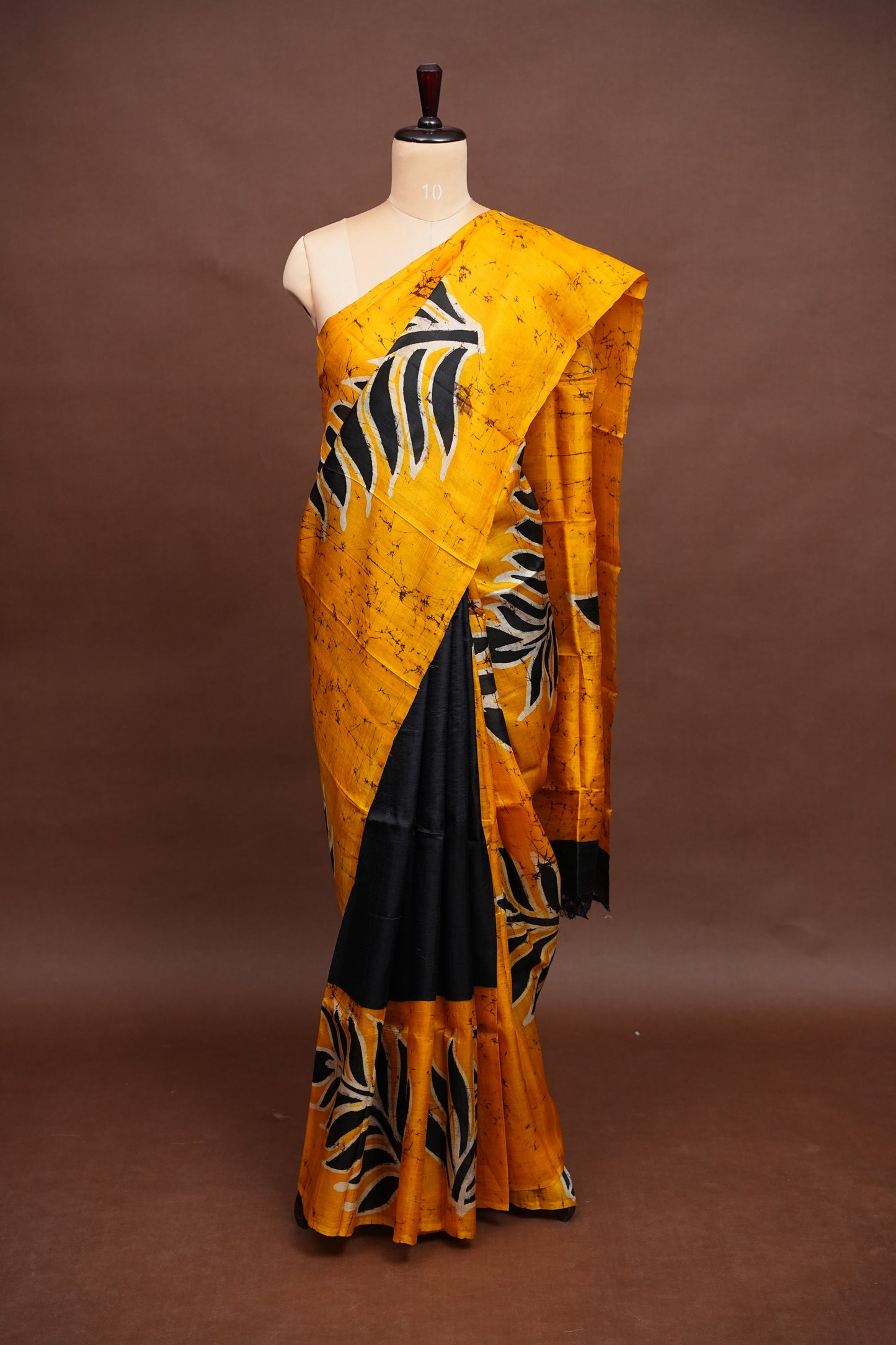 Purely Handpainted Batik Floral On Pure Tussar Silk Saree-Mustard & Black|Silk Mark Certified