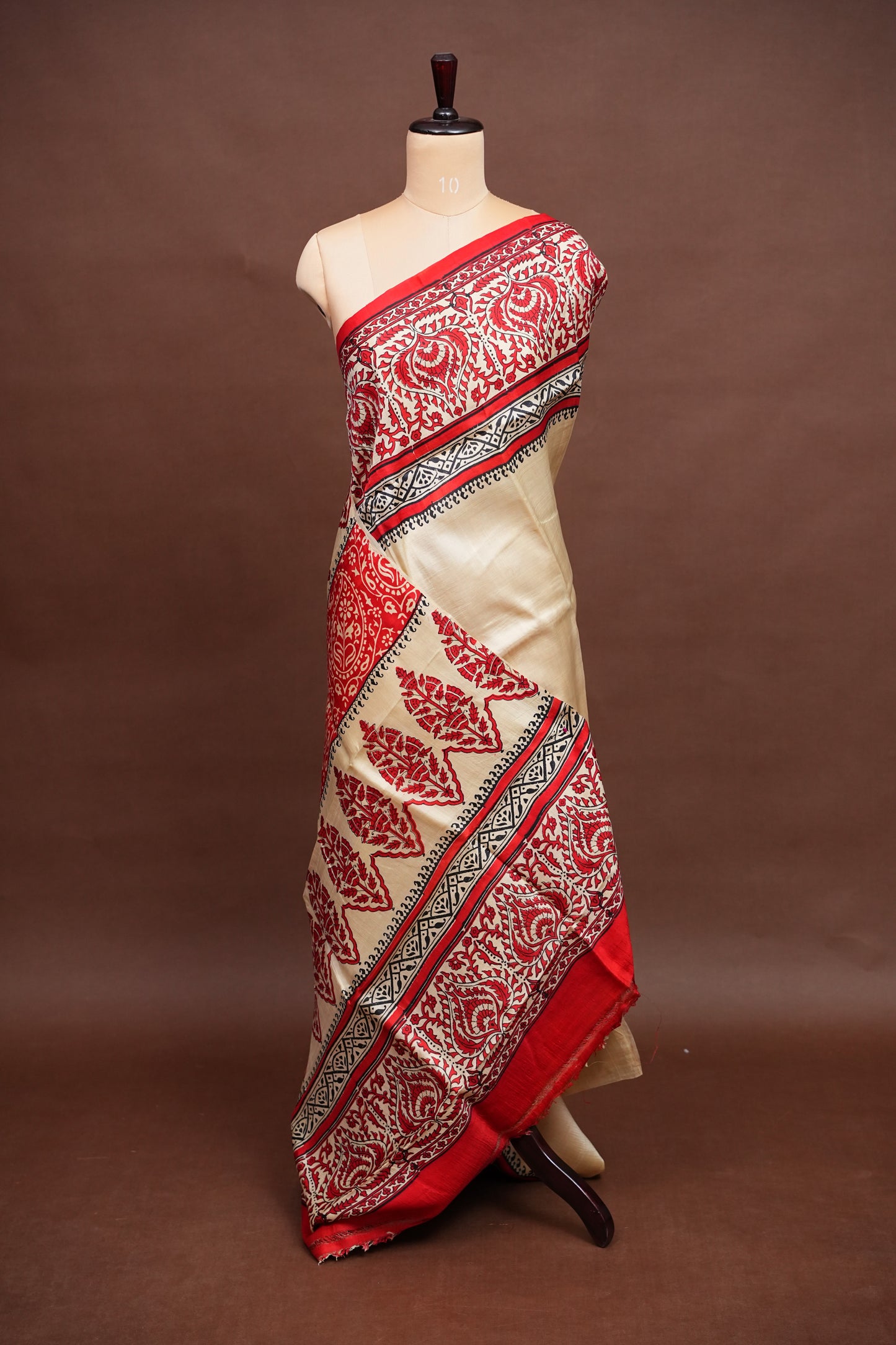 Purely Handpainted Classic On Pure Tussar Silk Saree-Beige with Red|Silk Mark Certified