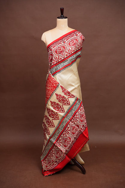 Purely Handpainted Classic On Pure Tussar Silk Saree-Beige with Red|Silk Mark Certified