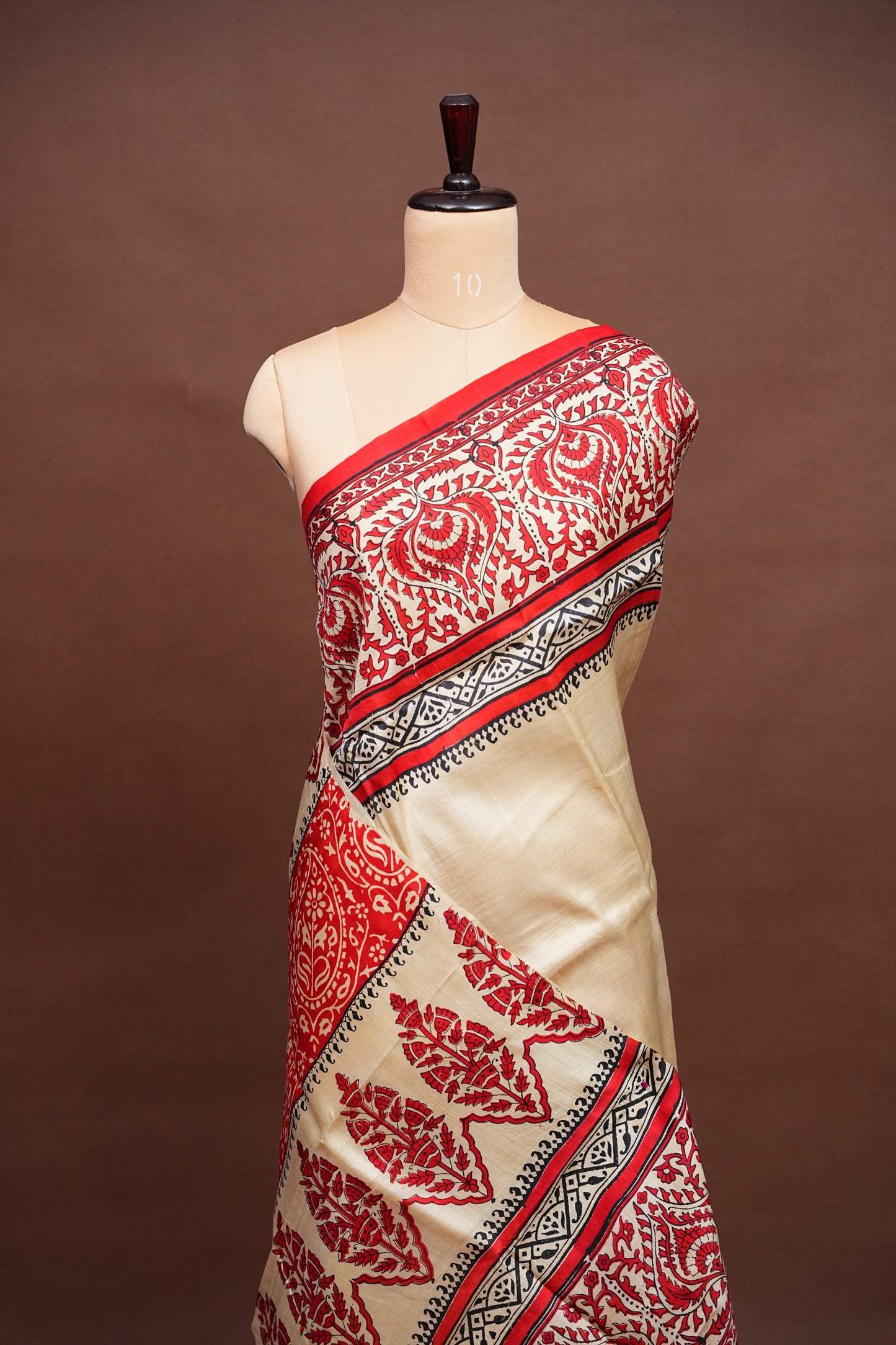 Purely Handpainted Classic On Pure Tussar Silk Saree-Beige with Red|Silk Mark Certified