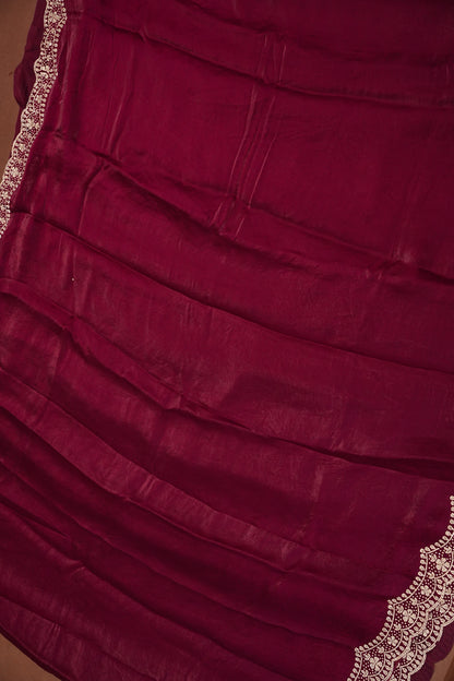 Wine Berry Party Wear Saree with Hand Embellished Scalloped Border