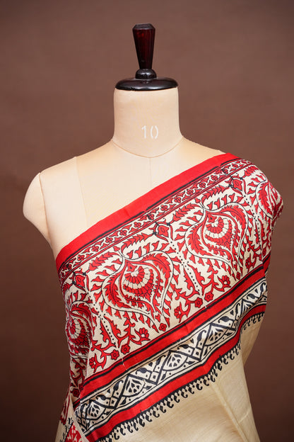 Purely Handpainted Classic On Pure Tussar Silk Saree-Beige with Red|Silk Mark Certified