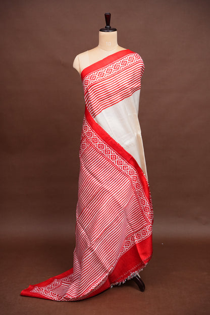 Purely Handpainted Classic On Pure Tussar Silk Saree-White & Red|Silk Mark Certified