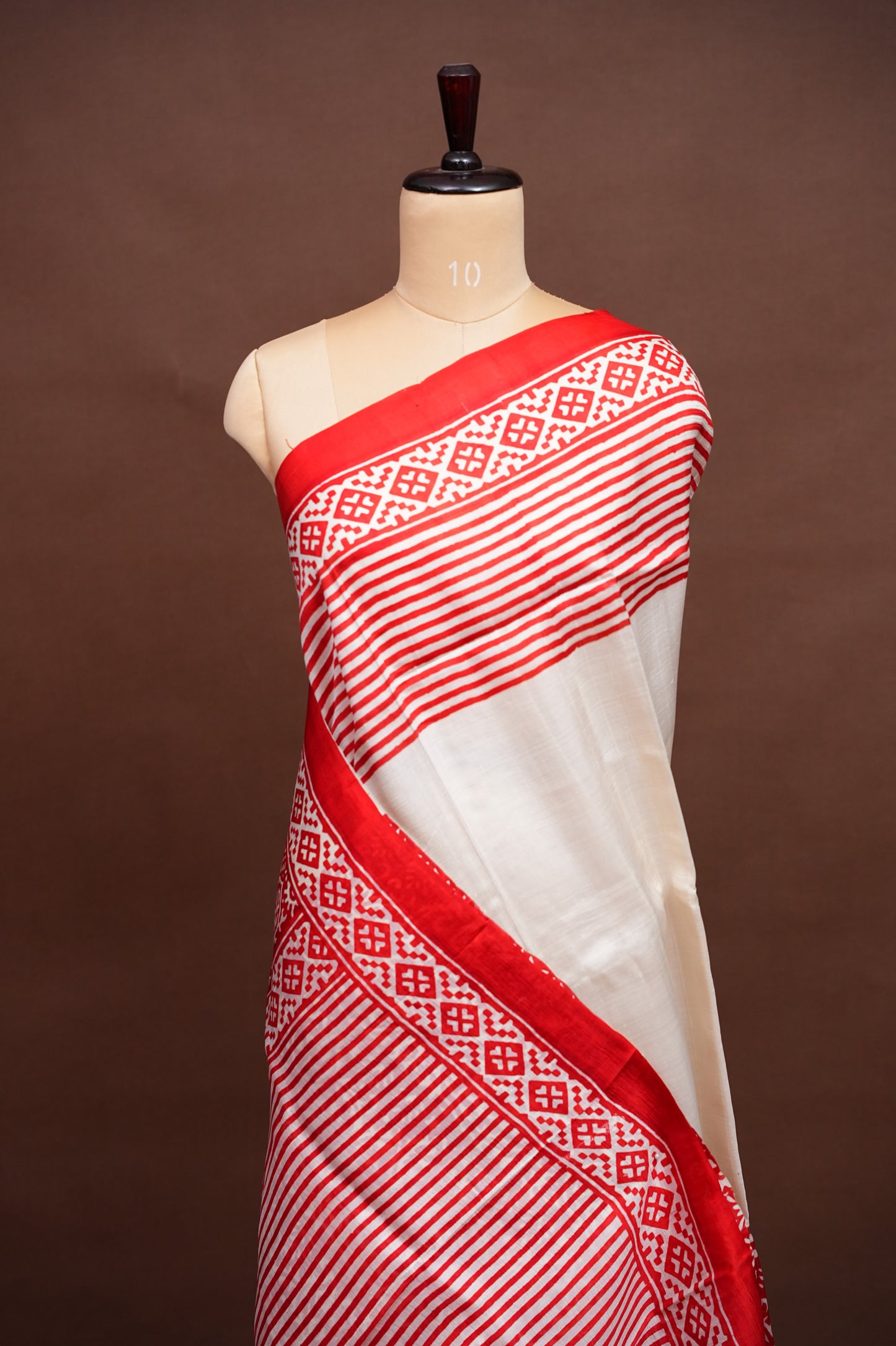 Purely Handpainted Classic On Pure Tussar Silk Saree-White & Red|Silk Mark Certified