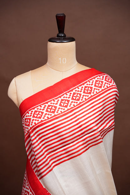 Purely Handpainted Classic On Pure Tussar Silk Saree-White & Red|Silk Mark Certified
