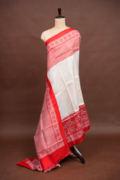 Purely Handpainted Classic On Pure Tussar Silk Saree-White & Red|Silk Mark Certified