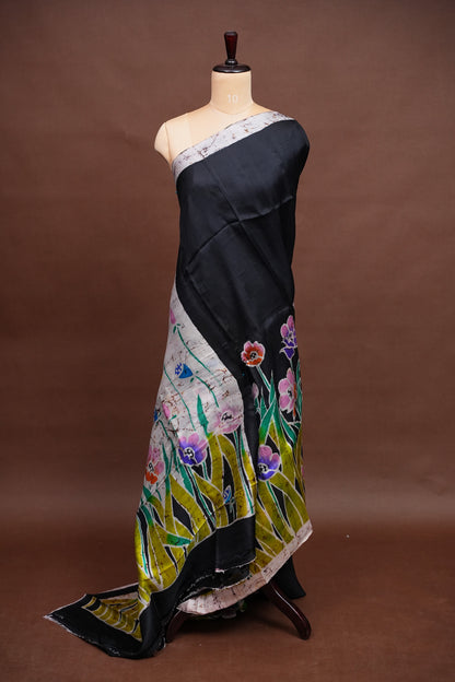 Purely Handpainted Batik Floral On Pure Tussar Silk Saree-Black|Silk Mark Certified