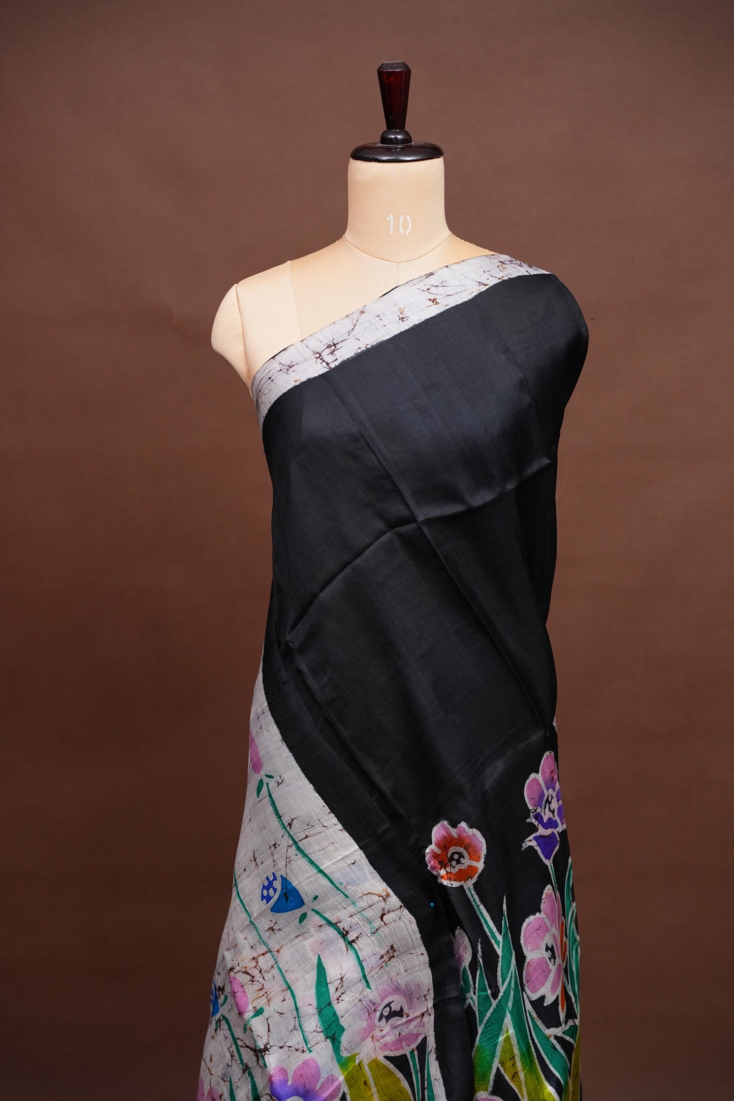 Purely Handpainted Batik Floral On Pure Tussar Silk Saree-Black|Silk Mark Certified