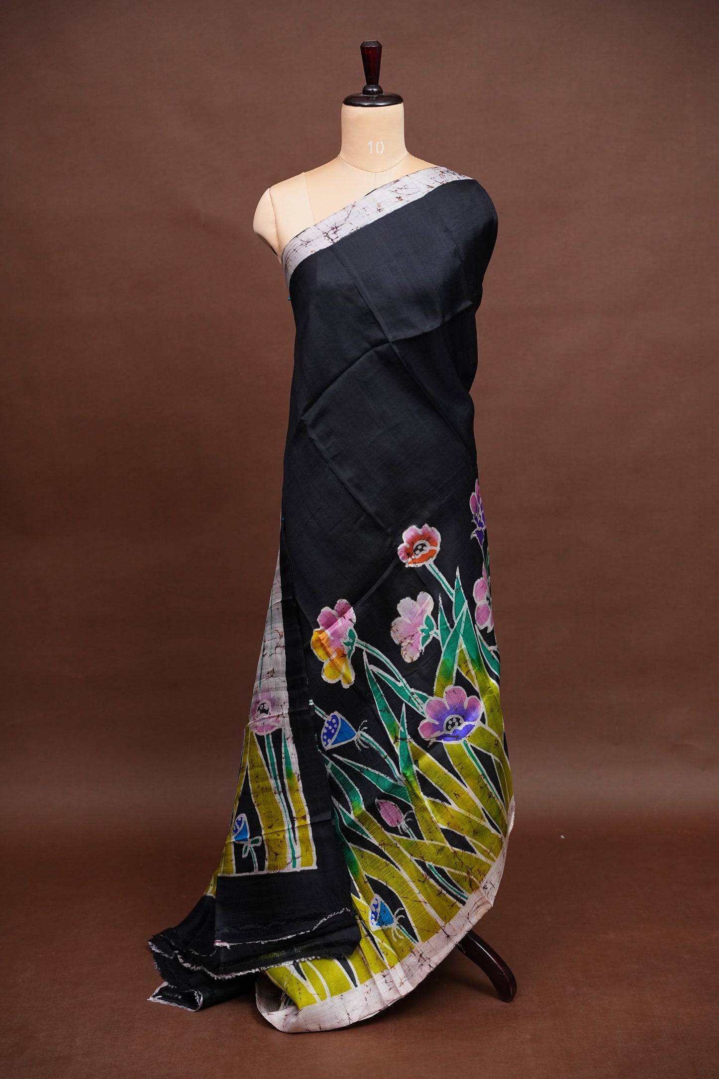 Purely Handpainted Batik Floral On Pure Tussar Silk Saree-Black|Silk Mark Certified