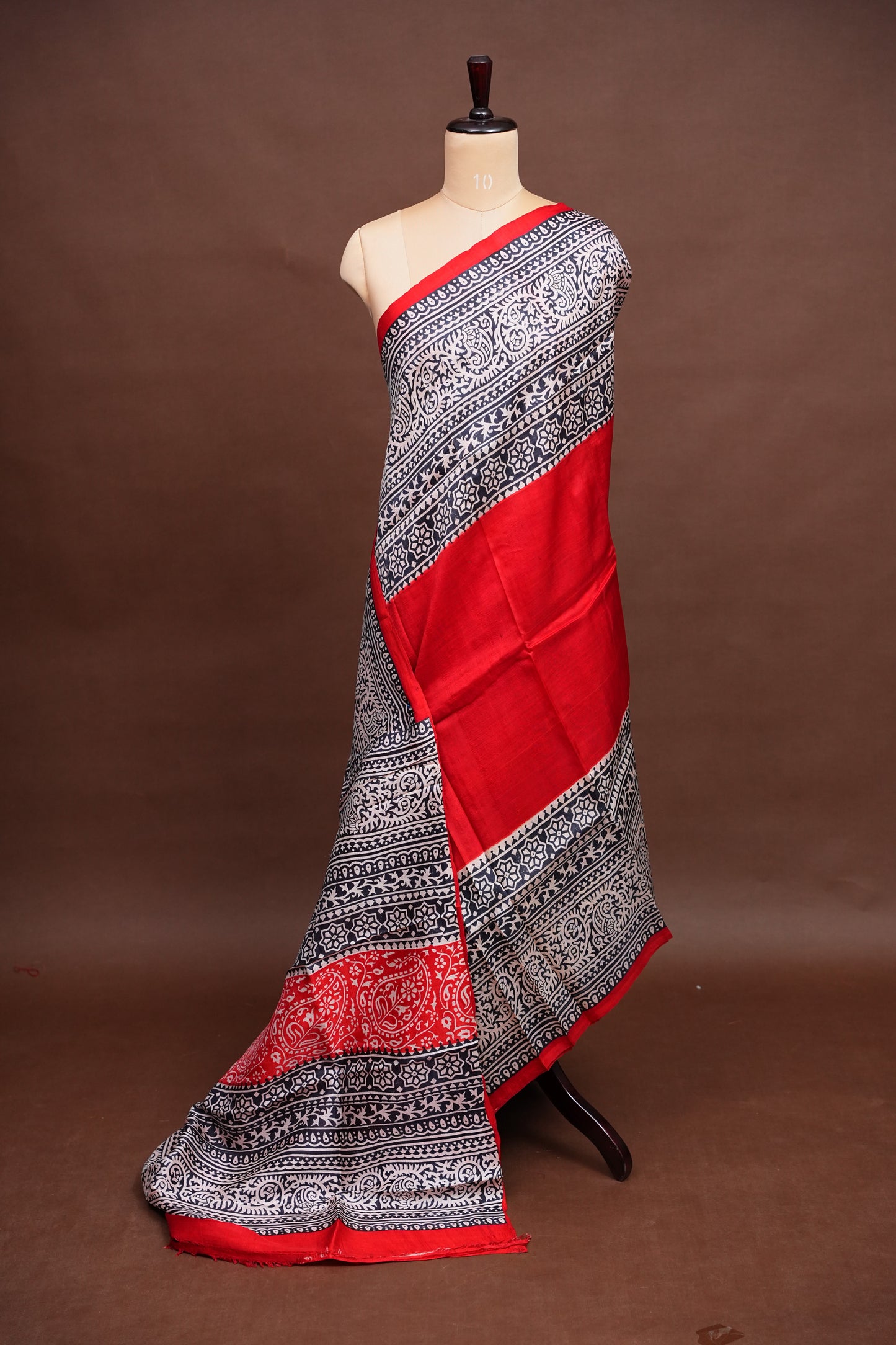 Purely Handpainted Classic On Pure Tussar Silk Saree-Red & Black|Silk Mark Certified