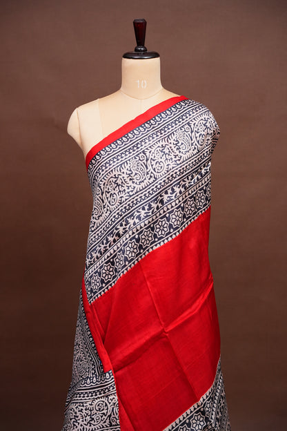 Purely Handpainted Classic On Pure Tussar Silk Saree-Red & Black|Silk Mark Certified
