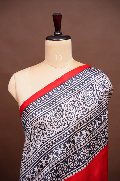 Purely Handpainted Classic On Pure Tussar Silk Saree-Red & Black|Silk Mark Certified