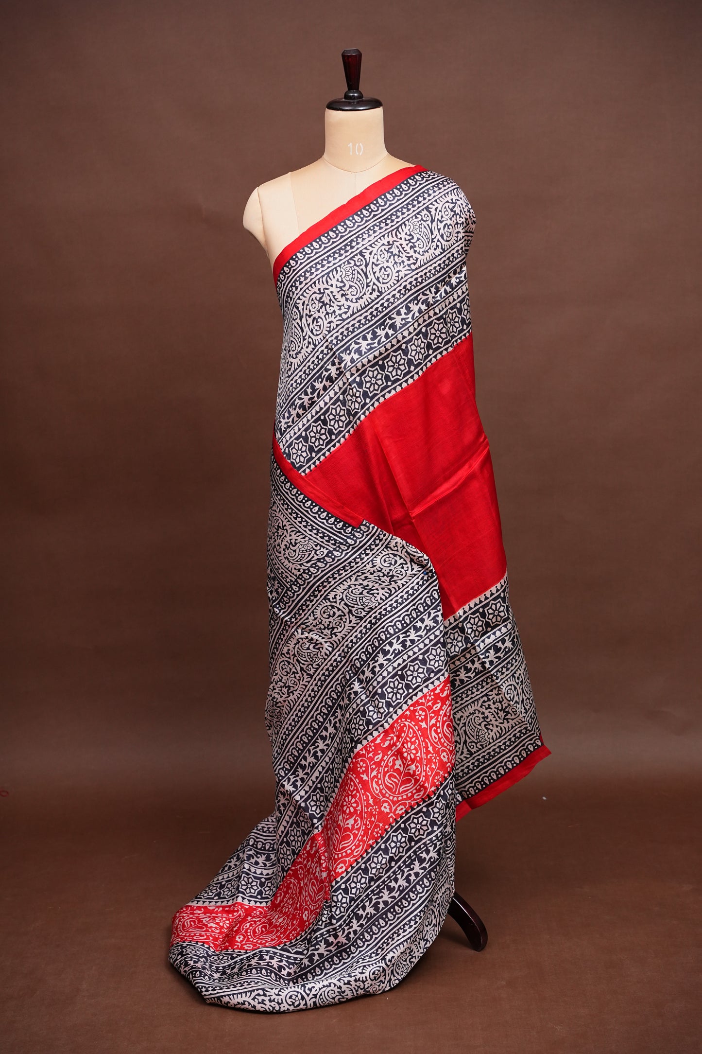 Purely Handpainted Classic On Pure Tussar Silk Saree-Red & Black|Silk Mark Certified