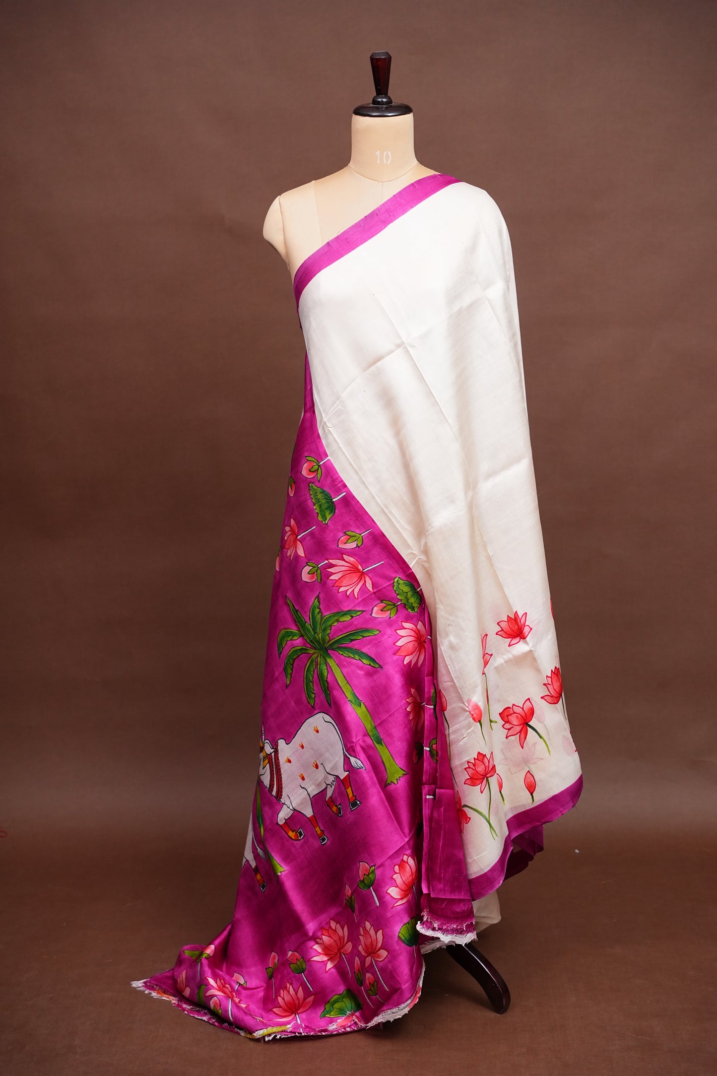 Purely Handpainted Pichwai On Pure Tussar Silk Saree-White & Pink|Silk Mark Certified