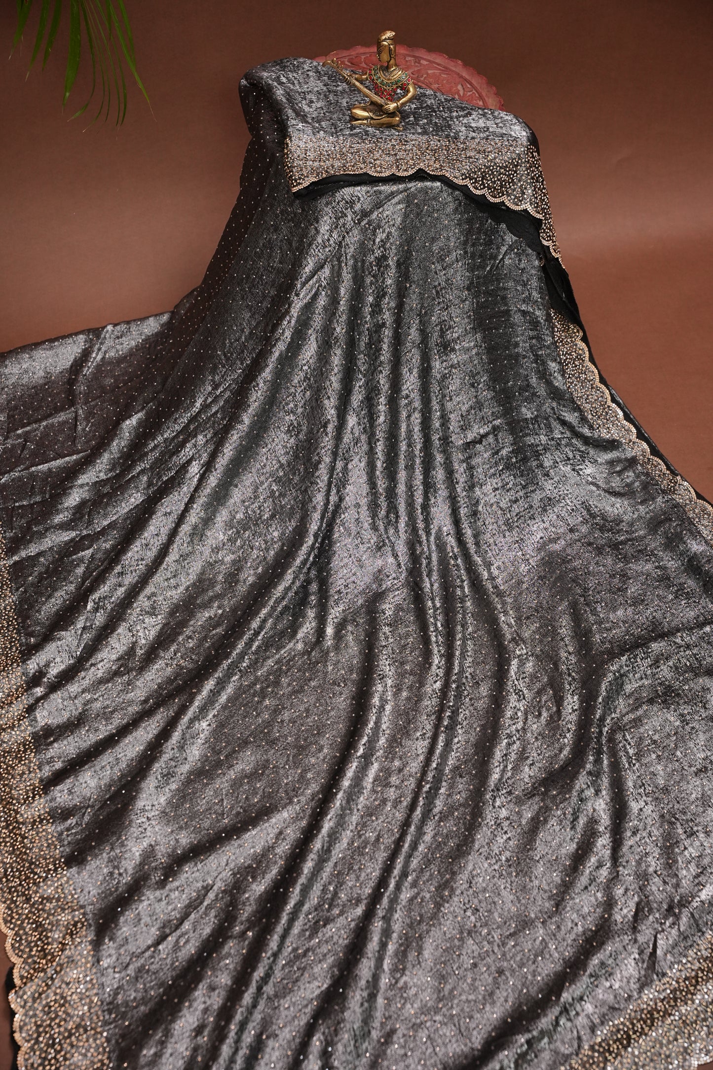 Silver blackish Grey Hand Embellished Party Wear Saree with Designer Scallop Border