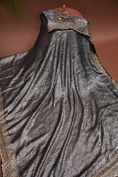 Silver blackish Grey Hand Embellished Party Wear Saree with Designer Scallop Border
