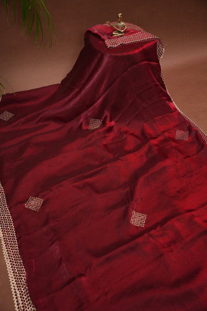 Ruby Red Hand Embellished Party Wear Saree with Designer Border & Floral Motif