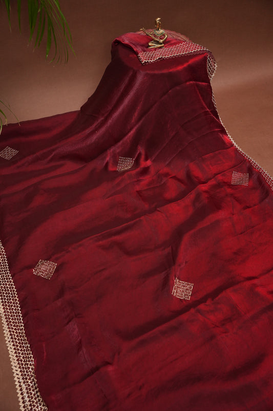 Ruby Red Hand Embellished Party Wear Saree with Designer Border & Floral Motif