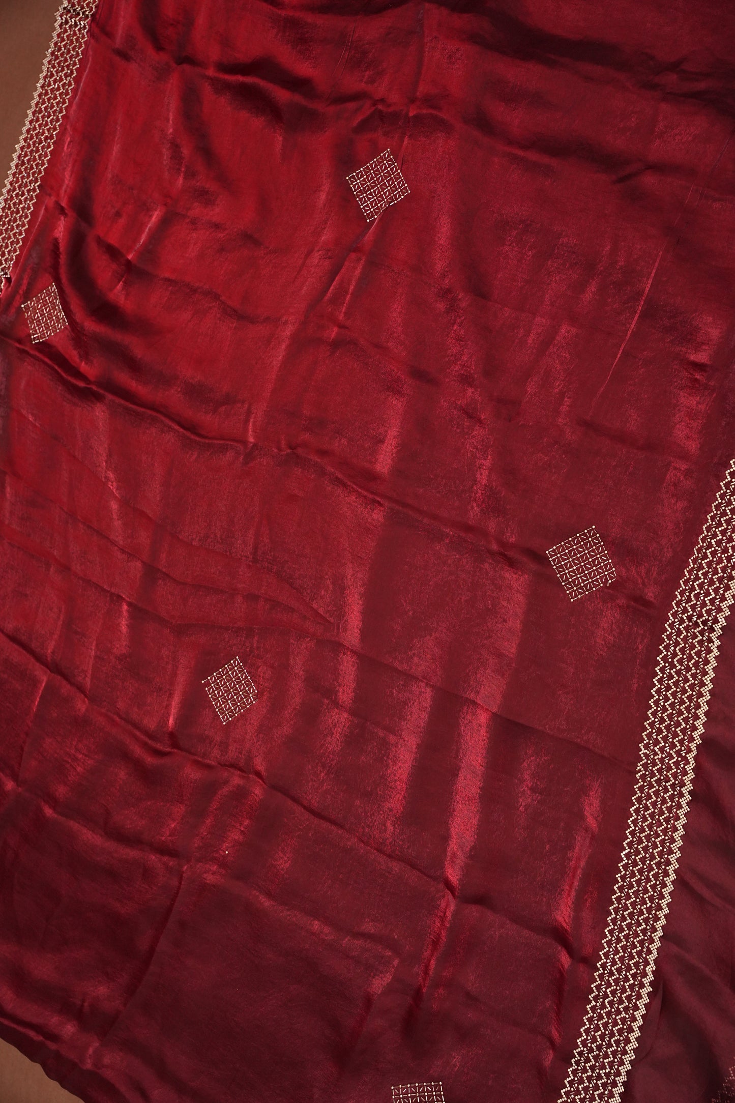 Ruby Red Hand Embellished Party Wear Saree with Designer Border & Floral Motif