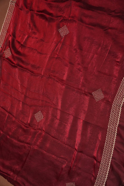Ruby Red Hand Embellished Party Wear Saree with Designer Border & Floral Motif