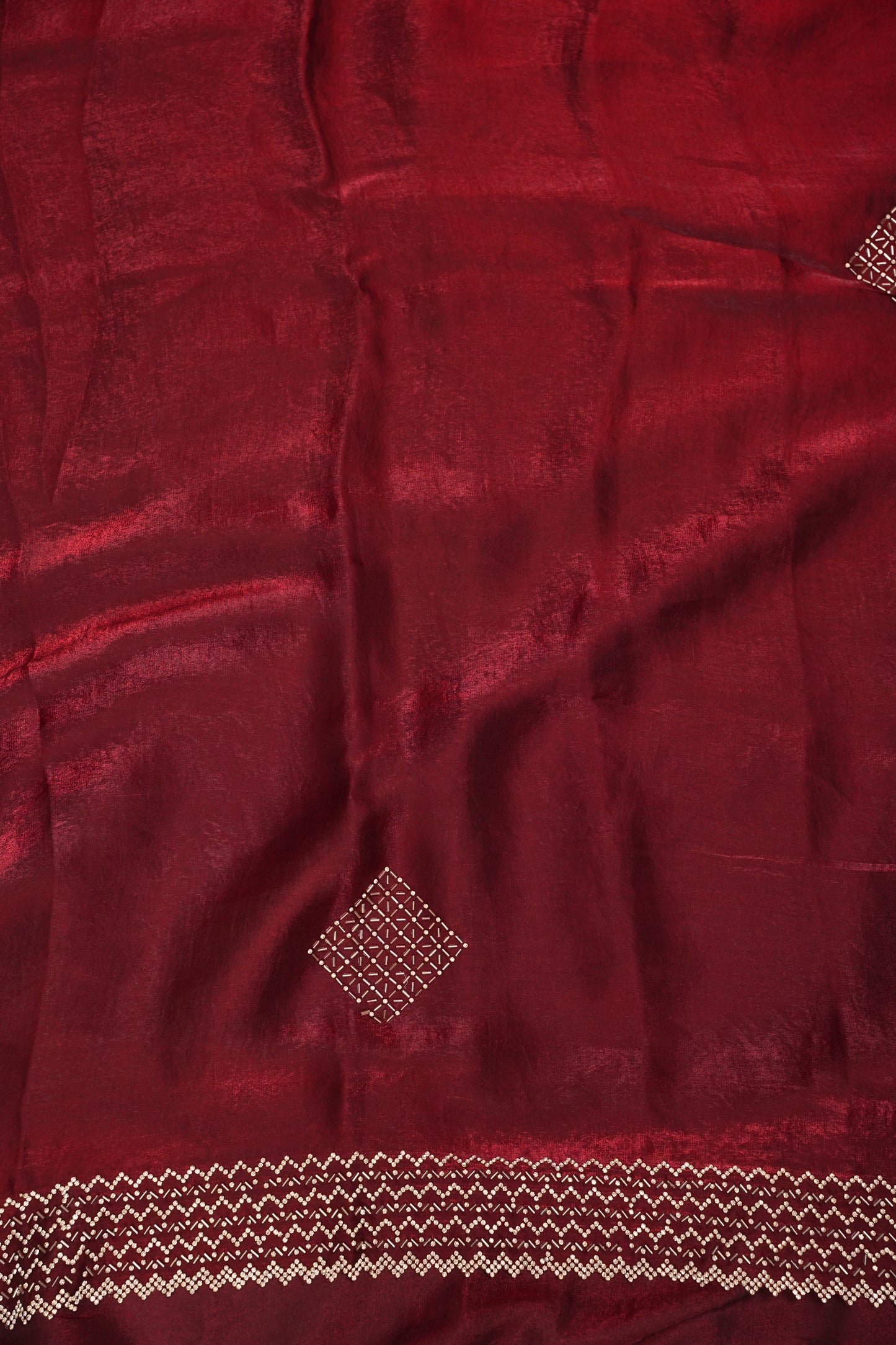 Ruby Red Hand Embellished Party Wear Saree with Designer Border & Floral Motif
