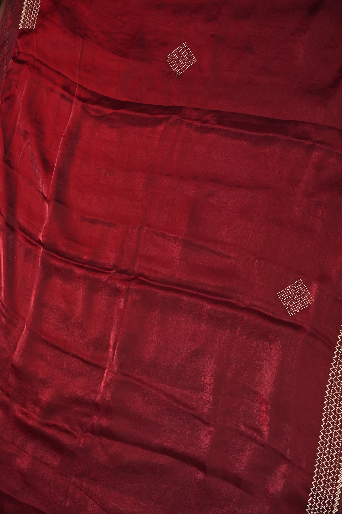Ruby Red Hand Embellished Party Wear Saree with Designer Border & Floral Motif