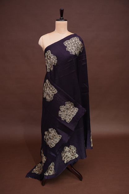 Tussar Banarasi Raw Silk Saree with Floral Zari Butta Weaving – Deep Purple