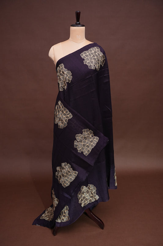 Tussar Banarasi Raw Silk Saree with Floral Zari Butta Weaving – Deep Purple