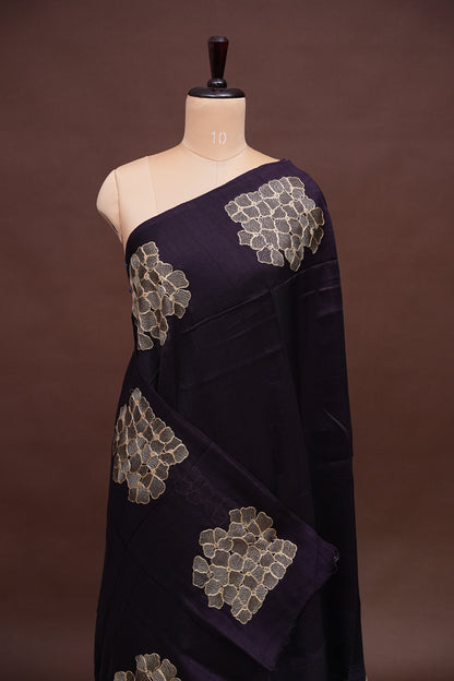Tussar Banarasi Raw Silk Saree with Floral Zari Butta Weaving – Deep Purple