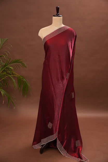 Ruby Red Hand Embellished Party Wear Saree with Designer Border & Floral Motif